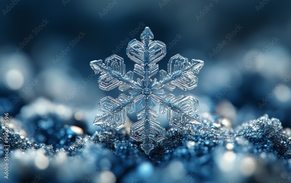 A stunning close-up of a snowflake resting on shimmering blue crystals, showcasing intricate details and frozen beauty.
