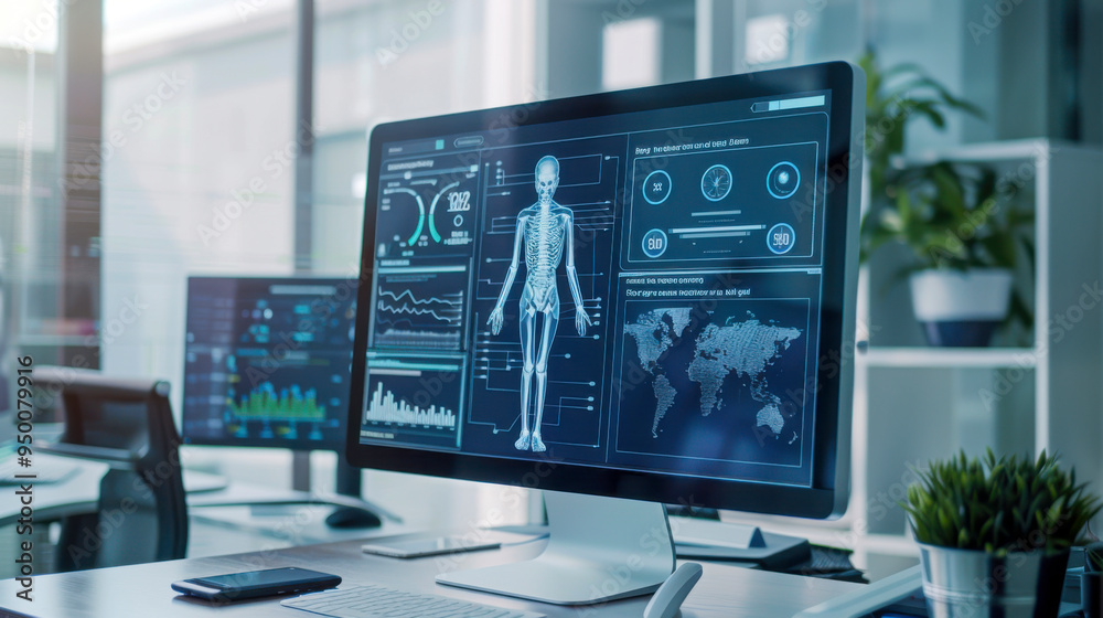 Fototapeta premium Health monitoring technology displayed on modern computer screens in a medical office during daylight hours