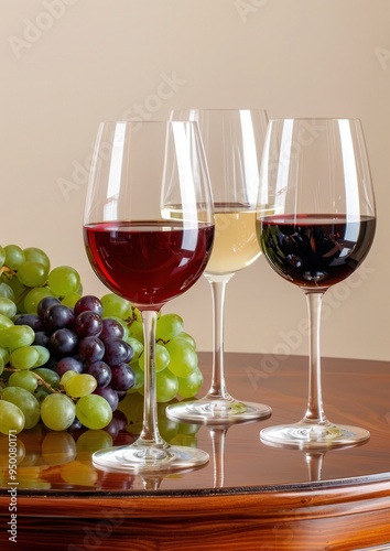 An elegant display of fine wines and wine glasses, set on a polished wooden table, isolated against a neutral beige background.