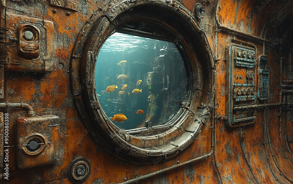 Obraz premium Rusty metal submarine interior with a cyberpunk aesthetic, showcasing fish swimming outside the window Futuristic and immersive