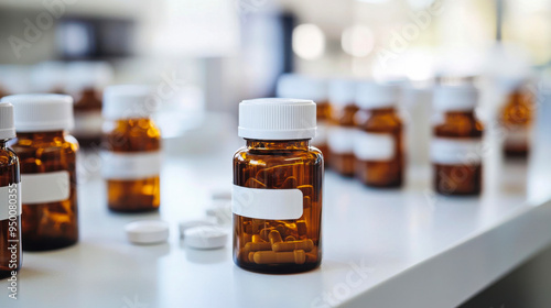 Various amber glass bottles filled with pills and capsules arranged on a countertop in a well-lit pharmacy setting during daytime
