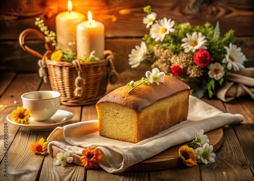 MoistVanillaDusk: Soft, golden light illuminates a freshly baked poundcake on a rustic wooden table, surrounded by cream-colored linens and warm-toned flowers. photo