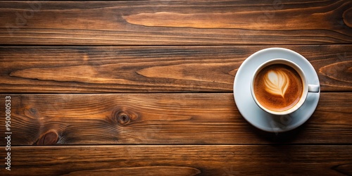 Top view of a coffee cup on a brown wood table with copy space