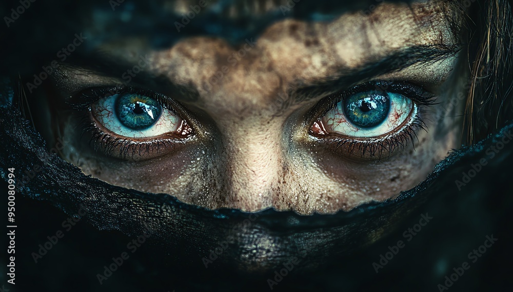 Unique portrait of a person without a mouth, showcasing detailed eyes and facial structure Dramatic and expressive highdetail image