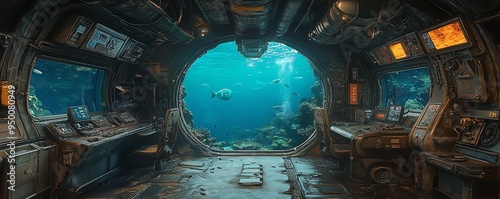 Underwater submarine interior in a cyberpunk theme, featuring futuristic design, rusty metal, and marine life visible through the window High detail photo