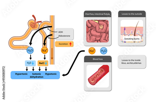 hypertonic, isotonic, and hypotonic dehydration, their causes, and the hormonal influence on water and salt loss. 2d graphic photo