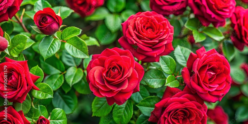 Top view of a vibrant red rose bush surrounded by green leaves Top view of a vibrant red rose bush surrounded by green leaves
