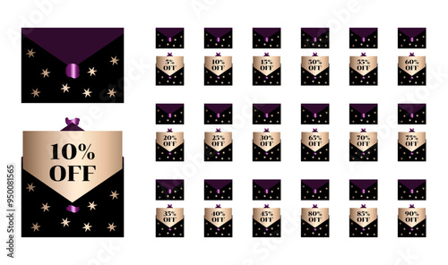 Set with discounts written on gold notes coming out of black and purple envelopes with gold stars. Contains closed envelope and open envelope.