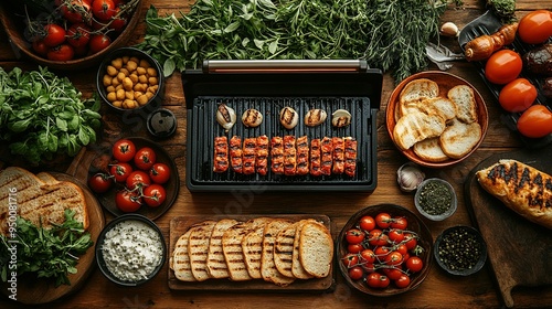 Grilled Meat, Bread, Tomatoes, and Herbs on a Wooden Table photo