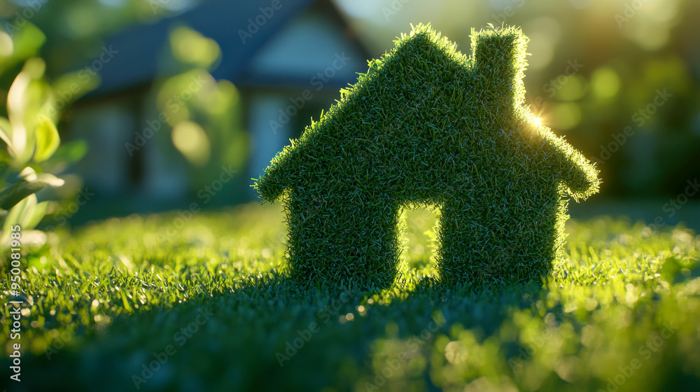 Naklejka premium A grassy house silhouette casting a warm shadow during golden hour in a serene outdoor setting with soft sunlight