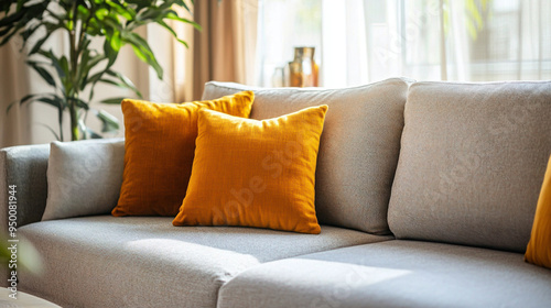 A close-up photo of a comfortable sofa and various cushions in a living room with modern minimalist interior design. Generative AI