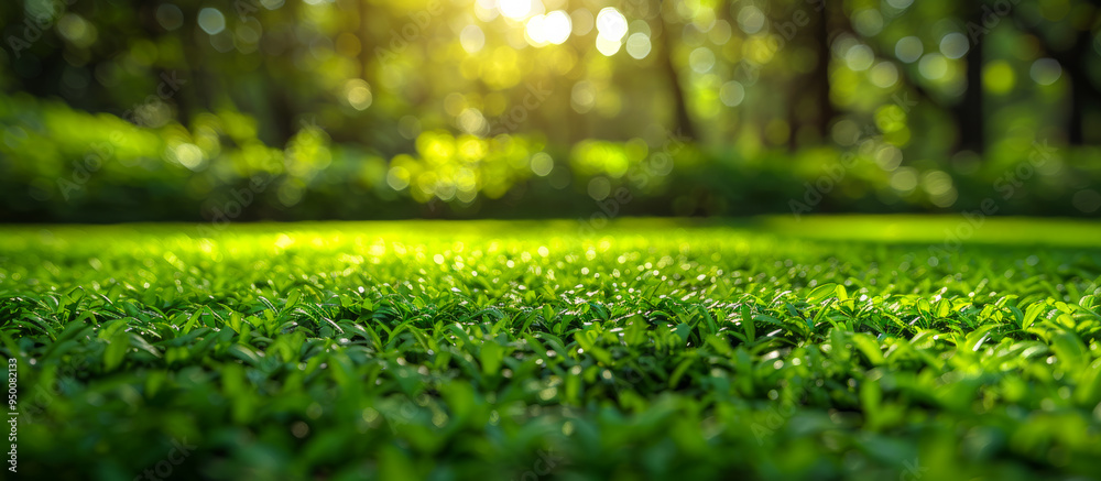 A lush green field with a bright sun shining on it. The grass is short and the sky is clear A lush green field with a bright sun shining on it. The grass is short and the sky is clear