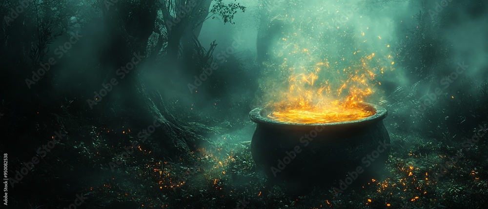 Ancient cauldron bubbling with vibrant, glowing potion in a dark, misty forest, eerie light casting shadows, high detail, mystical and atmospheric Ancient cauldron bubbling with vibrant, glowing potion in a dark, misty forest, eerie light casting shadows, high detail, mystical and atmospheric