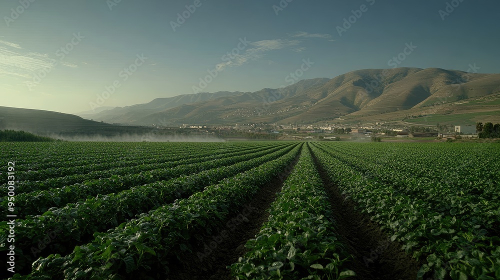 Large sprinklers deliver fresh water to vibrant potato fields, enhancing crop growth and ensuring healthy plants in sunny weather Large sprinklers deliver fresh water to vibrant potato fields, enhancing crop growth and ensuring healthy plants in sunny weather