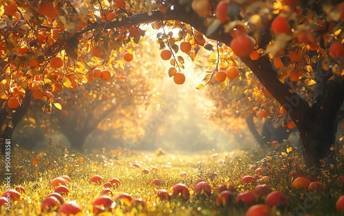 Autumn orchard with ripe apples and vibrant foliage, soft golden light casting shadows, high detail, rustic and harvestthemed photo