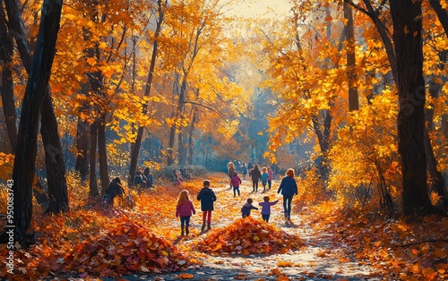 Autumn park with leafcovered paths, children playing with piles of colorful leaves, warm afternoon light, high detail, joyful and lively photo