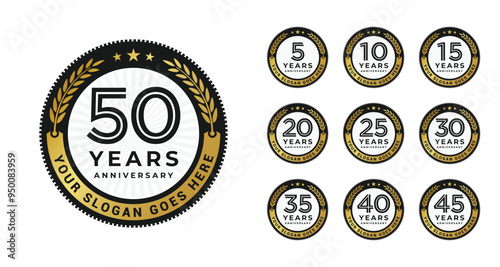 Set of 5 to 50 anniversary logo golden circle emblem vector design illustration collection isolated