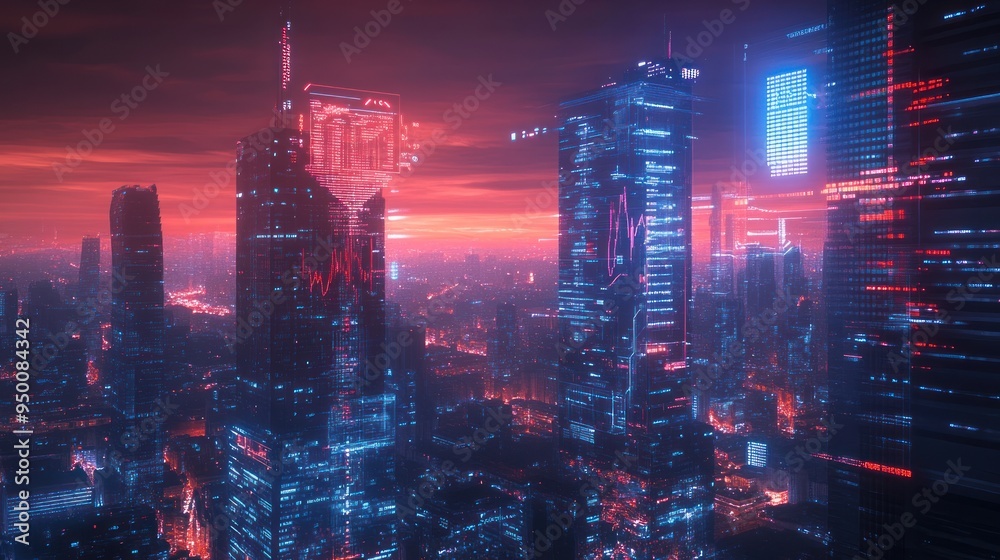 A breathtaking view of a futuristic city illuminated by neon lights and holographic visuals under a stunning twilight sky. A breathtaking view of a futuristic city illuminated by neon lights and holographic visuals under a stunning twilight sky.