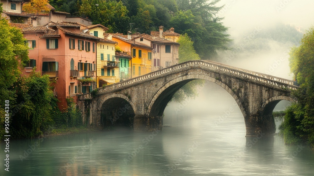 A tranquil river scene with colorful houses and an ancient stone bridge. The mist creates a dreamlike atmosphere. Perfect for travel and nature themes. Capture the beauty of Italy. AI A tranquil river scene with colorful houses and an ancient stone bridge. The mist creates a dreamlike atmosphere. Perfect for travel and nature themes. Capture the beauty of Italy. AI