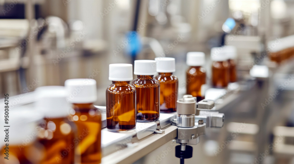 Bottles of amber liquid move along a conveyor belt in a modern pharmaceutical manufacturing facility during daytime Bottles of amber liquid move along a conveyor belt in a modern pharmaceutical manufacturing facility during daytime