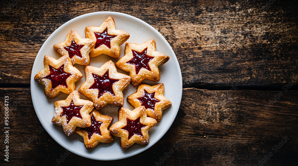 Delightful display of star-shaped christmas linzer cookies with red jam filling on a charming wooden backdrop Delightful display of star-shaped christmas linzer cookies with red jam filling on a charming wooden backdrop