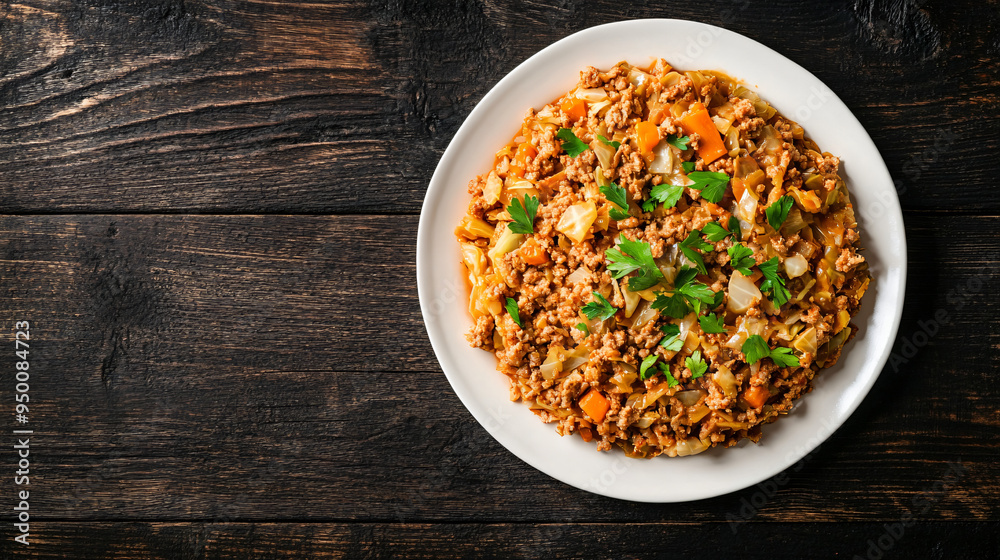 Top-down view of a white plate on a wooden table with cabbage stew, minced meat, and carrots Top-down view of a white plate on a wooden table with cabbage stew, minced meat, and carrots