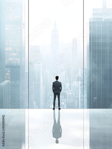 Businessman in Contemporary Office Building Overlooking Cityscape