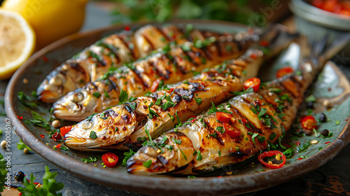 Grilled sardines on a plate with lemon slices