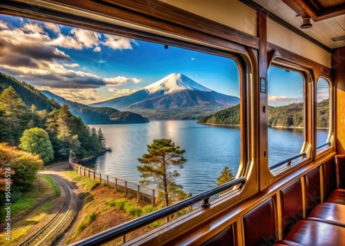 retro nostalgic vintage railwaycars Hakone Tozan Railway scenic trainwindow views Lake Ashi Mt Fuji photo