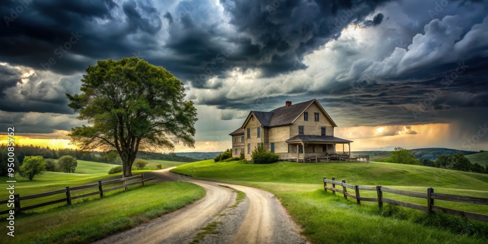 Rustic farmhouse amidst rolling hills majestic tree-lined driveway dramatic stormy sky moody brooding atmosphere rural drama Rustic farmhouse amidst rolling hills majestic tree-lined driveway dramatic stormy sky moody brooding atmosphere rural drama