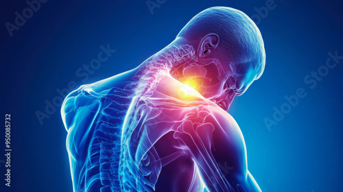 Human anatomy illustration showing a glowing pain area in the shoulder and neck region against a blue background