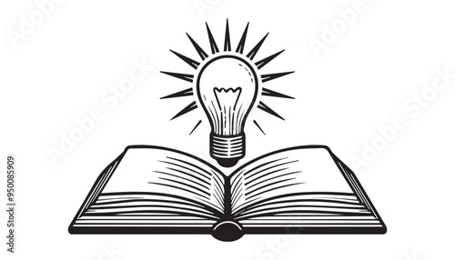  Hand-Drawn Book with Lightbulb Vector Illustration in Black and White Sketch Style