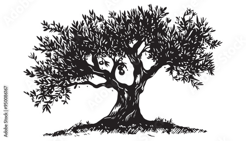 Hand-Drawn Olive Tree Vector Illustration in Black and White with Detailed Sketch Style
