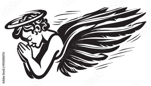  Hand-Drawn Praying Angel Vector Illustration in Black and White with Detailed Sketch Style