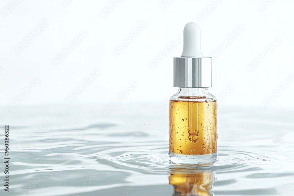 Unbranded face serum dropper bottle mockup on white background water surface. Cosmetic beauty treatment, skin care, essential oil, hyaluronic serum, empty label. Generative Ai Unbranded face serum dropper bottle mockup on white background water surface. Cosmetic beauty treatment, skin care, essential oil, hyaluronic serum, empty label. Generative Ai