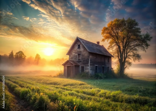 Abandoned farmhouse surrounded by overgrown fields eerie misty atmosphere warm soft natural light hauntingly beautiful rural decay