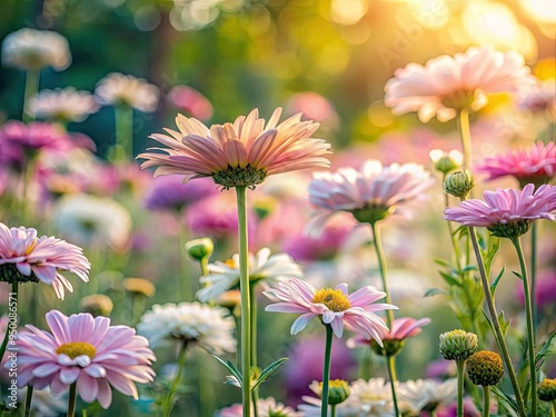 Rigid structures surrounded by soft blooming flowers in pastel hues capturing inflexibility versus nature's adaptability in shallow depth of field photo