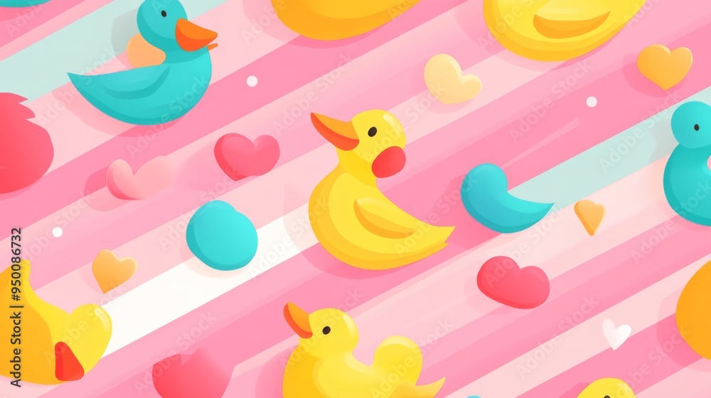 A colorful pattern of ducks and hearts on a pink background. The ducks are in various sizes and colors, and the hearts are scattered throughout the image. Scene is playful and whimsical