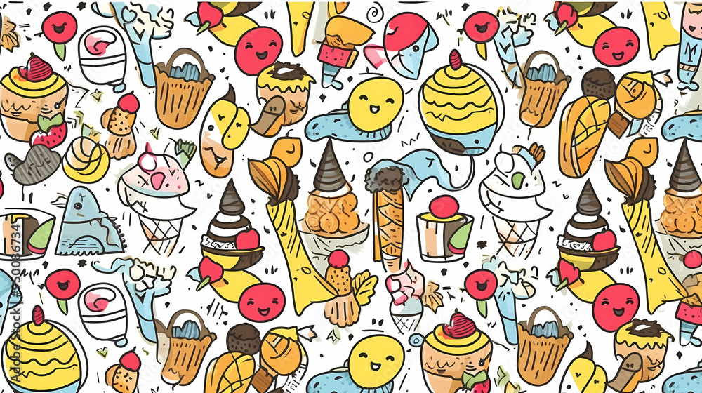 Fototapeta premium Sweets and fruits as background in 2D illustration.