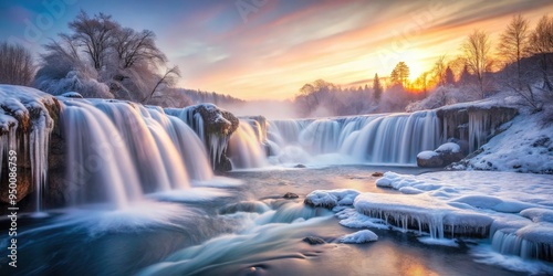 Frozen waterfalls in misty dawn light showcasing inflexibility of nature's force amidst serene atmosphere in slow shutter speed