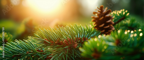 Close-up of lush green pine needles with small cones, softly lit by sunlight from behind