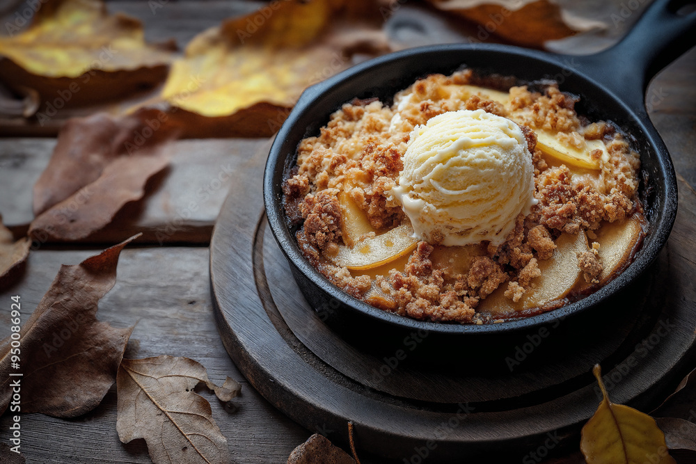 Warm apple crumble in a cast iron skillet with vanilla ice cream, surrounded by autumn leaves Warm apple crumble in a cast iron skillet with vanilla ice cream, surrounded by autumn leaves