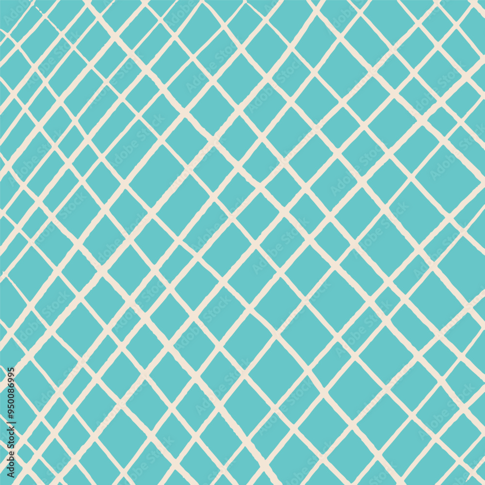 Hand drawn square checkered pattern, pencil diagonal hatching. Chaotic textured beige crosshatch on turquoise background, scribbles, doodle lines. Sketch vector illustration.