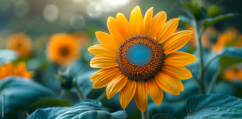 A close up of a yellow flower with a blue center. The flower is surrounded by green leaves and is the main focus of the image A close up of a yellow flower with a blue center. The flower is surrounded by green leaves and is the main focus of the image