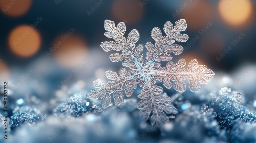 Close-up of a beautiful snowflake resting on sparkling snow, showcasing intricate details and a bokeh background. Close-up of a beautiful snowflake resting on sparkling snow, showcasing intricate details and a bokeh background.