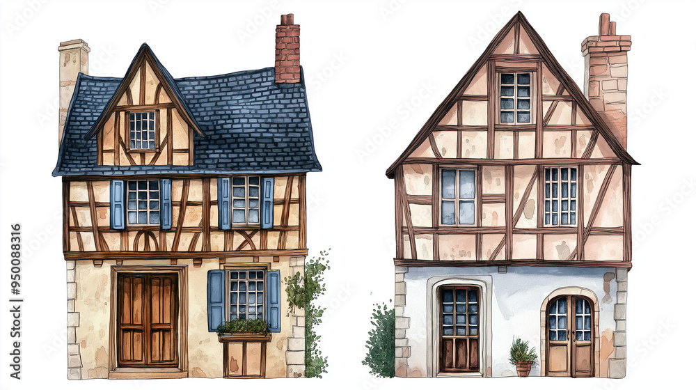 Fototapeta premium Old European city town street house, timber fachwerk facades, watercolor clipart illustration