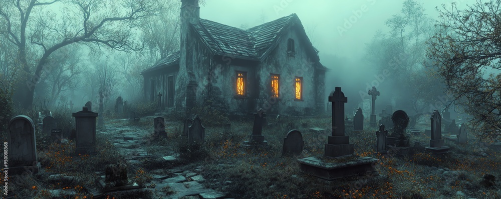 Haunted house surrounded by a fogcovered graveyard, eerie tombstones, glowing windows, high detail, chilling and atmospheric Haunted house surrounded by a fogcovered graveyard, eerie tombstones, glowing windows, high detail, chilling and atmospheric