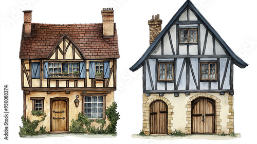 Old European city town street house, timber fachwerk facades, watercolor clipart illustration