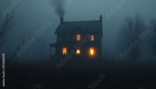 Haunted house with shadowy figures in the windows, dark and foggy night, eerie glow, high detail, spooky and unsettling ambiance