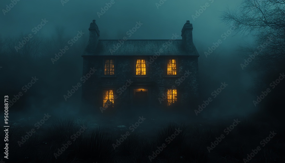 Haunted house with shadowy figures in the windows, dark and foggy night, eerie glow, high detail, spooky and unsettling ambiance Haunted house with shadowy figures in the windows, dark and foggy night, eerie glow, high detail, spooky and unsettling ambiance